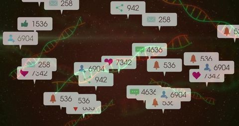 Digital Communication Icons Overlaying DNA Sequences