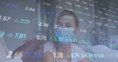 Masked patient receiving vaccine with data overlay in modern clinic