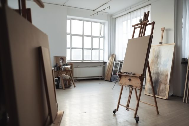 Blank canvas on wooden easel by window in painter's studio, created using generative ai technology. Art, possibility, inspiration and creativity, copy space concept digitally generated image.