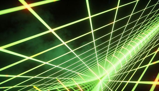 Glowing neon green wireframe tunnel curving through dark void with orange highlights and haze