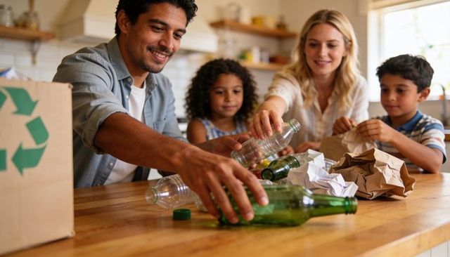 Family sorting glass bottles for recycling in sunlit kitchen, parents guiding children in eco-friend