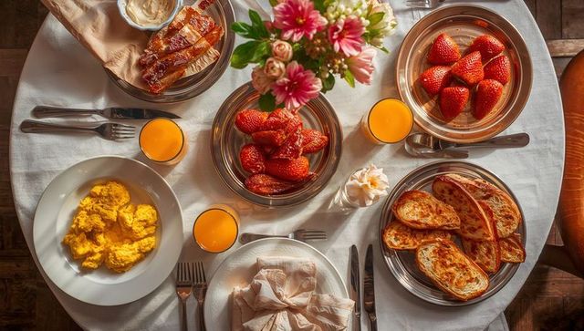 Sunlit breakfast table featuring fresh strawberries, scrambled eggs, toast and orange juice