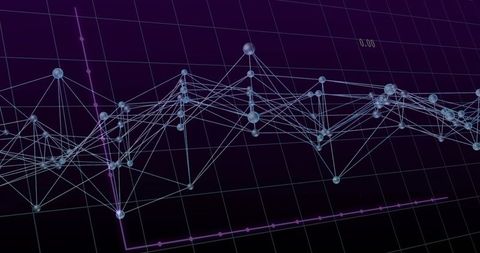 Rendering glossy spherical nodes and thin links forming 3d network graph on dark grid plane