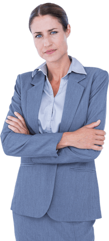 Transparent Serious Businesswoman in Grey Suit with Crossed Arms