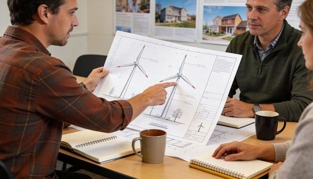 Engineers reviewing wind turbine blueprint at design meeting for renewable project