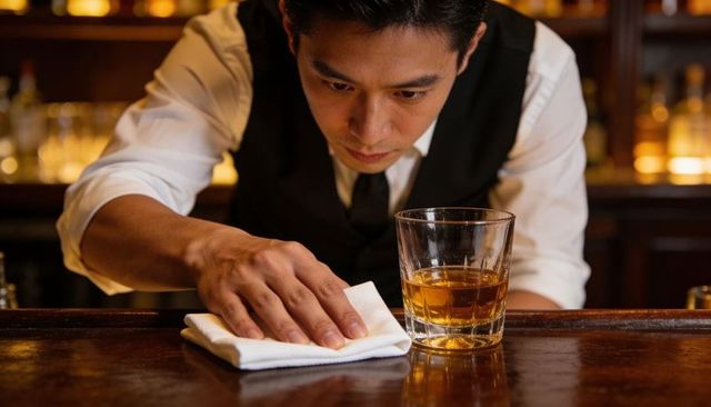 Bartender polishing wooden bar with cloth next to tumbler of whiskey, warm backlit atmosphere