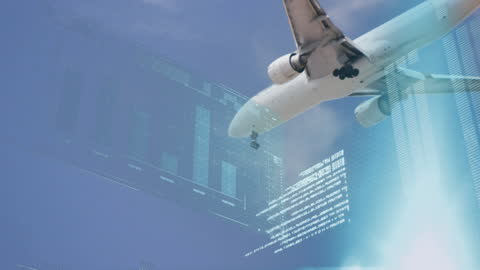 Airplane with Digital Data Overlay Against Cloudy Sky