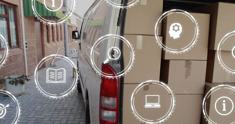 Urban delivery van loading stacked cardboard cartons with logistics ui overlay