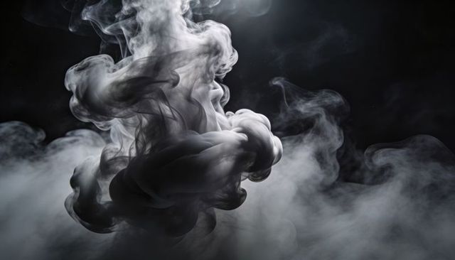 Swirling dense smoke plume creating abstract dark texture, depth, and dramatic contrast