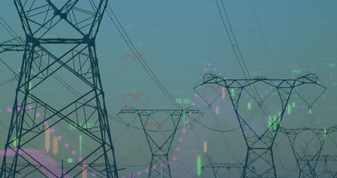 Futuristic Overlay of Data Processing with Electricity Pylons