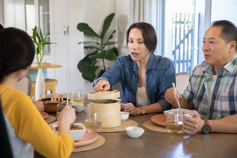 Family enjoying dim sum meal together at home dining table