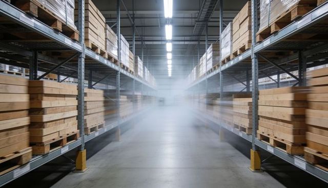 Warehouse aisle with stacked wooden pallets and industrial racking receding into fog