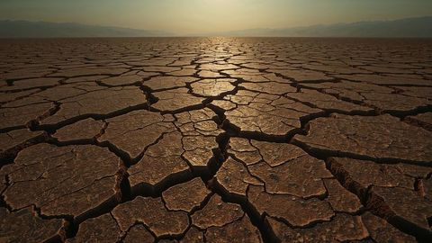 Sunrise over cracked earth in arid earthquake desert