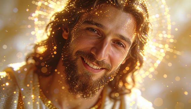 Smiling bearded man wearing light robe with golden halo, luminous aura and radiant glow