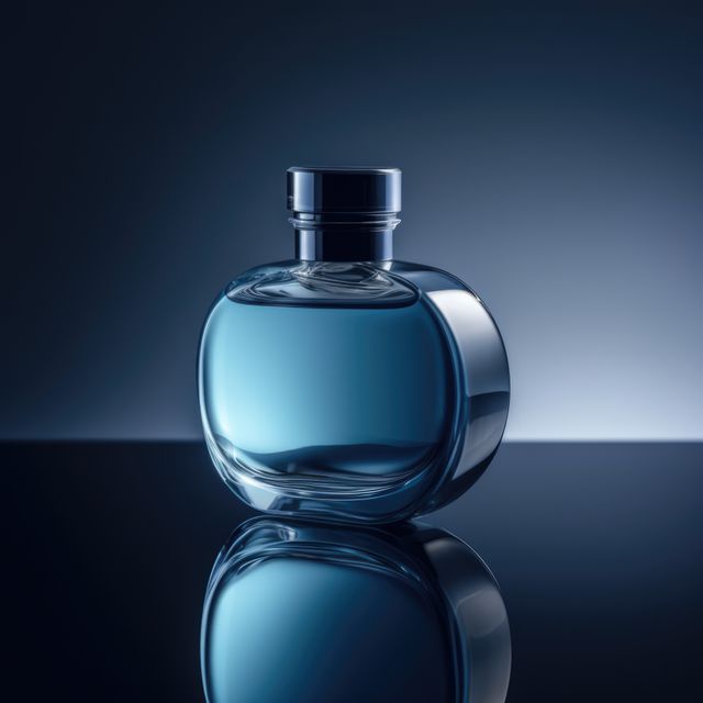 Elegant blue glass bottle containing perfume, displayed on reflective surface creating a stylish visual effect. Ideal for use in advertisements, beauty magazines, online stores, or product packaging showcasing luxury fragrances and cosmetics.