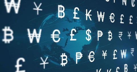 Global digital currency symbols over dotted globe with fintech data network background