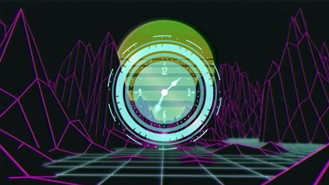 Futuristic Digital Sun and Clock with Neon Mountains