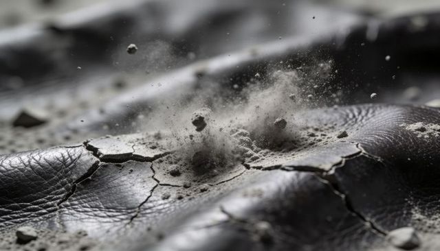 Macro cracked dark leather surface ejecting dust plume closeup, cracks, debris, texture, powder