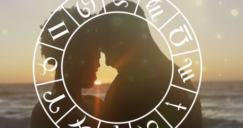 Silhouette of Romantic Couple at Beach with Horoscope Overlay - Download Free Stock Images Pikwizard.com