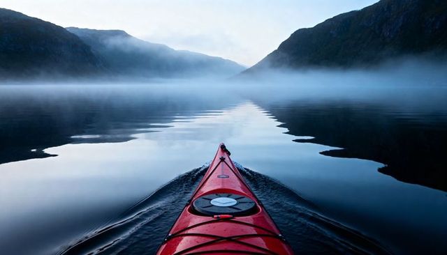 Gliding red kayak bow cutting through misty loch at dawn with mirrored wake and reflections