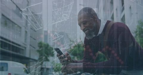 Man with Bicycle Using Smartphone and Digital Plexus Overlay