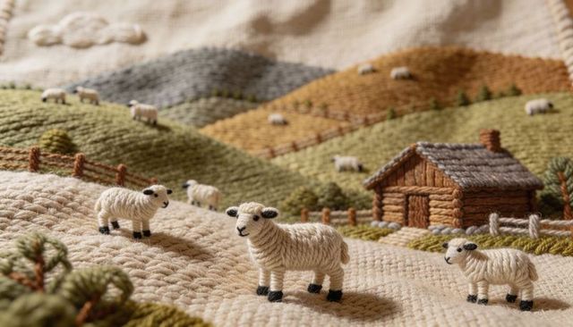 Handcrafted yarn sheep grazing on knitted hillside with log cabin and stitched landscape