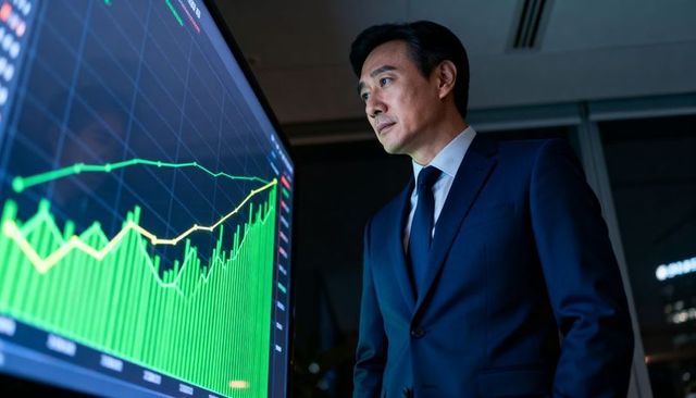 Businessman analyzing financial dashboard with rising green bar chart and yellow trend line