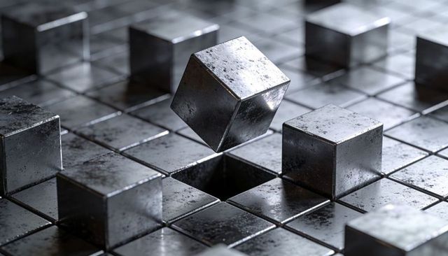 Floating metallic cube tilting above missing tile on scratched industrial steel grid
