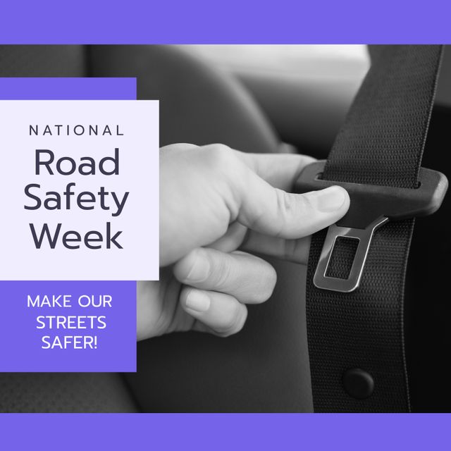 Campaign poster promoting National Road Safety Week emphasizes the importance of wearing seatbelts for safe driving. Useful for traffic safety awareness initiatives, educational materials, and social media campaigns aimed at reducing road accidents and promoting public safety.