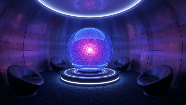 Futuristic holographic sphere glowing in high-tech neon chamber
