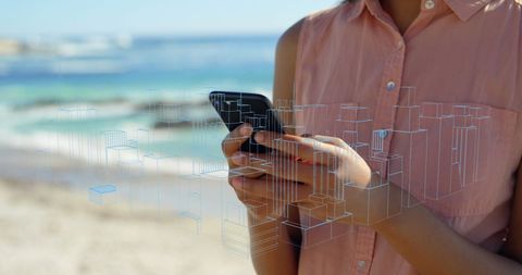 woman at beach using phone with digital city overlay - Download Free Stock Images Pikwizard.com