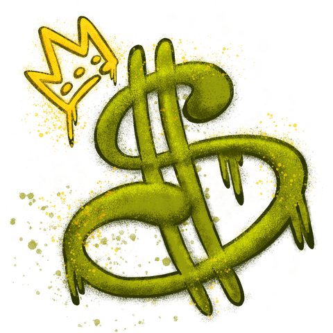 Green graffiti dollar sign with dripping yellow crown design