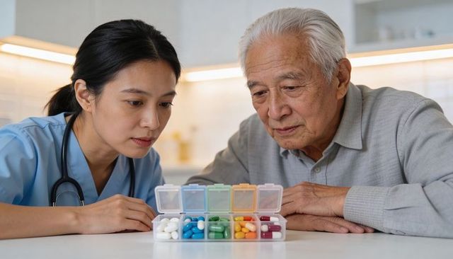 Asian nurse reviewing medication with older asian man using colorful weekly pill organizer