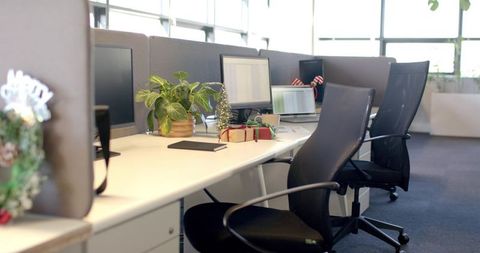 Open-plan office workstation featuring holiday gifts, potted plant, dual monitors