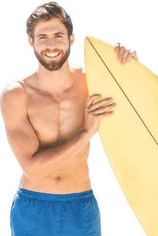 Smiling Caucasian Surfer Holding Yellow Surfboard Transparent Background