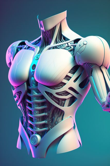 Futuristic cyborg upper body illuminated by neon lights, showcasing advanced robotics and technology. Detailed and intricate design highlights the complexity of modern machinery. Ideal for use in technological showcases, sci-fi themed projects, or as a visual representation of future artificial intelligence. It can be utilized in marketing materials, articles, or presentations on robotics and innovation.