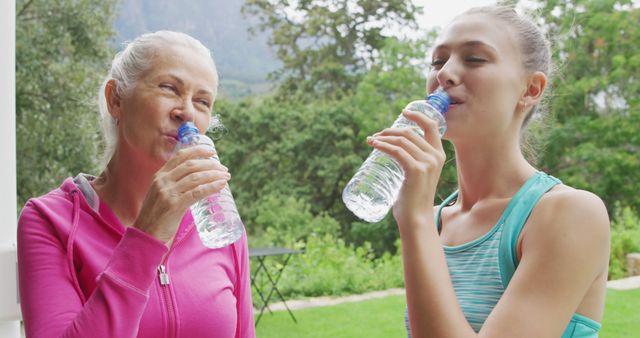 Senior Woman and Young Woman Enjoying Water Bottles in Outdoor Exercise Break - Download Free Stock Images Pikwizard.com