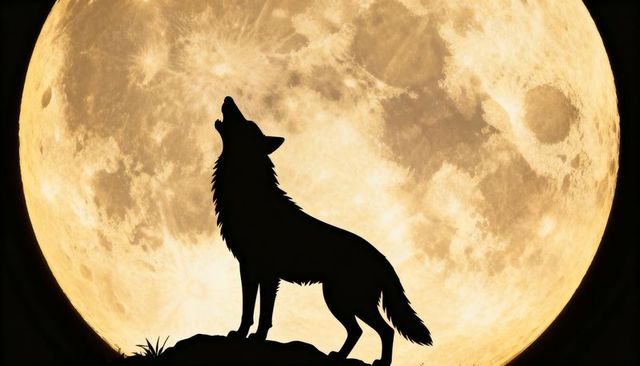 Howling wolf silhouette on rocky ridge with giant full moon and lunar crater