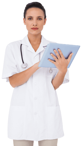 Confident Nurse Using Tablet with Stethoscope in White Coat Transparent Background