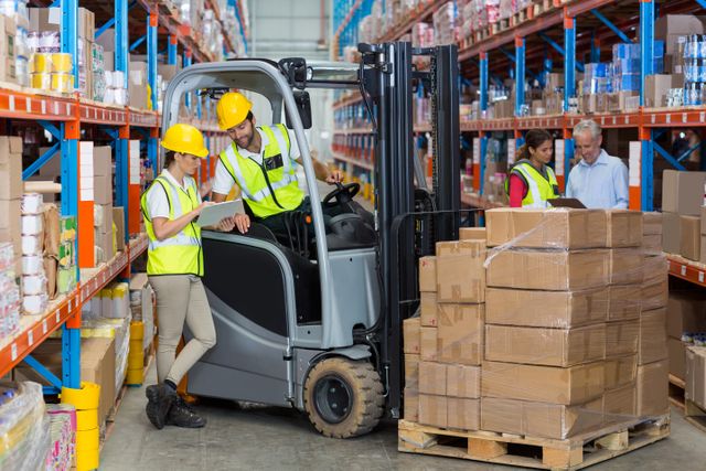 Warehouse workers in safety vests and hard hats discussing logistics using a clipboard next to a forklift. Ideal for use in articles or advertisements related to logistics, supply chain management, warehouse operations, safety protocols, and teamwork in industrial settings.