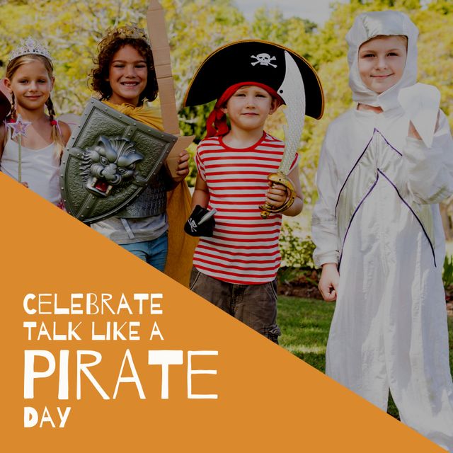 Portrait of cute caucasian children wearing costumes, talk like a pirate day text, copy space. Digital composite, holiday, romanticized view of golden age of piracy, talk exclusively in pirate lingo.