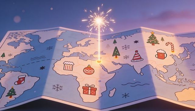 Glowing sparkler marking spot on illustrated world map with festive holiday icons