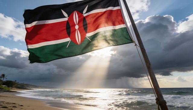 Waving kenyan flag with maasai shield on pole over tropical beach and dramatic sunrays