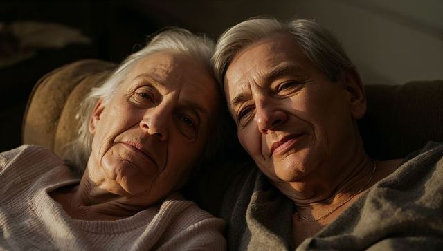 Two senior women sharing quiet intimate moment on sofa, warm companionship and comfort