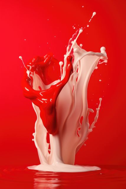 Close up of red and white liquid splashing on red background created using generative ai technology. Liquid and colour concept digitally generated image.