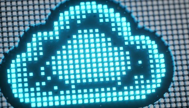 Pulsing pixel cloud on led matrix illustrating cloud sync and digital storage network