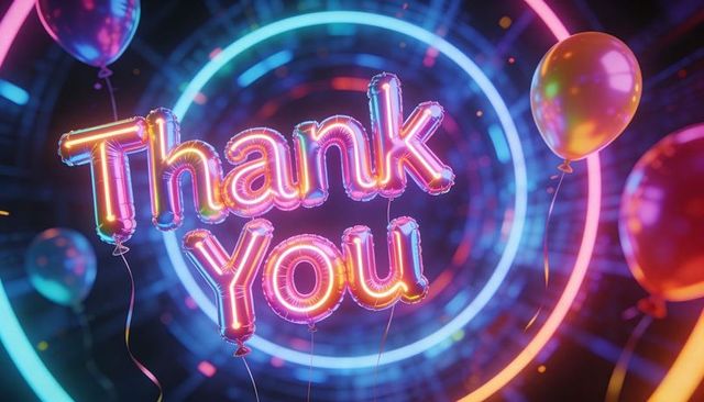 Thank you neon foil balloons glowing in futuristic neon tunnel party celebration backdrop