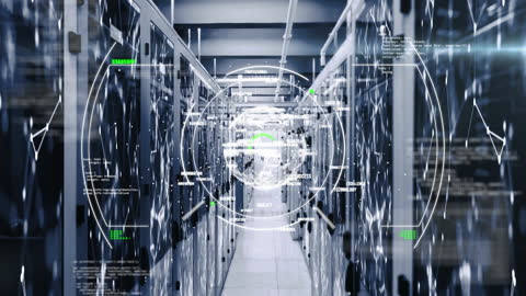 Futuristic Data Center with Digital Interface Visuals