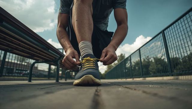 Tying running shoe laces on urban bench at low angle athlete preparing for run