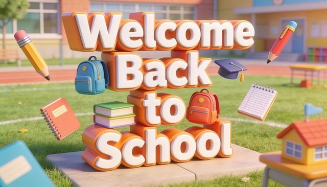 Welcoming students back to school with 3d sign and floating supplies on campus lawn